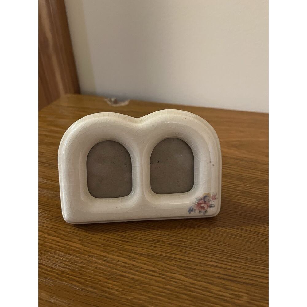 Small Double Picture Ceramic Photo Frame Beige with Pink & Blue Floral